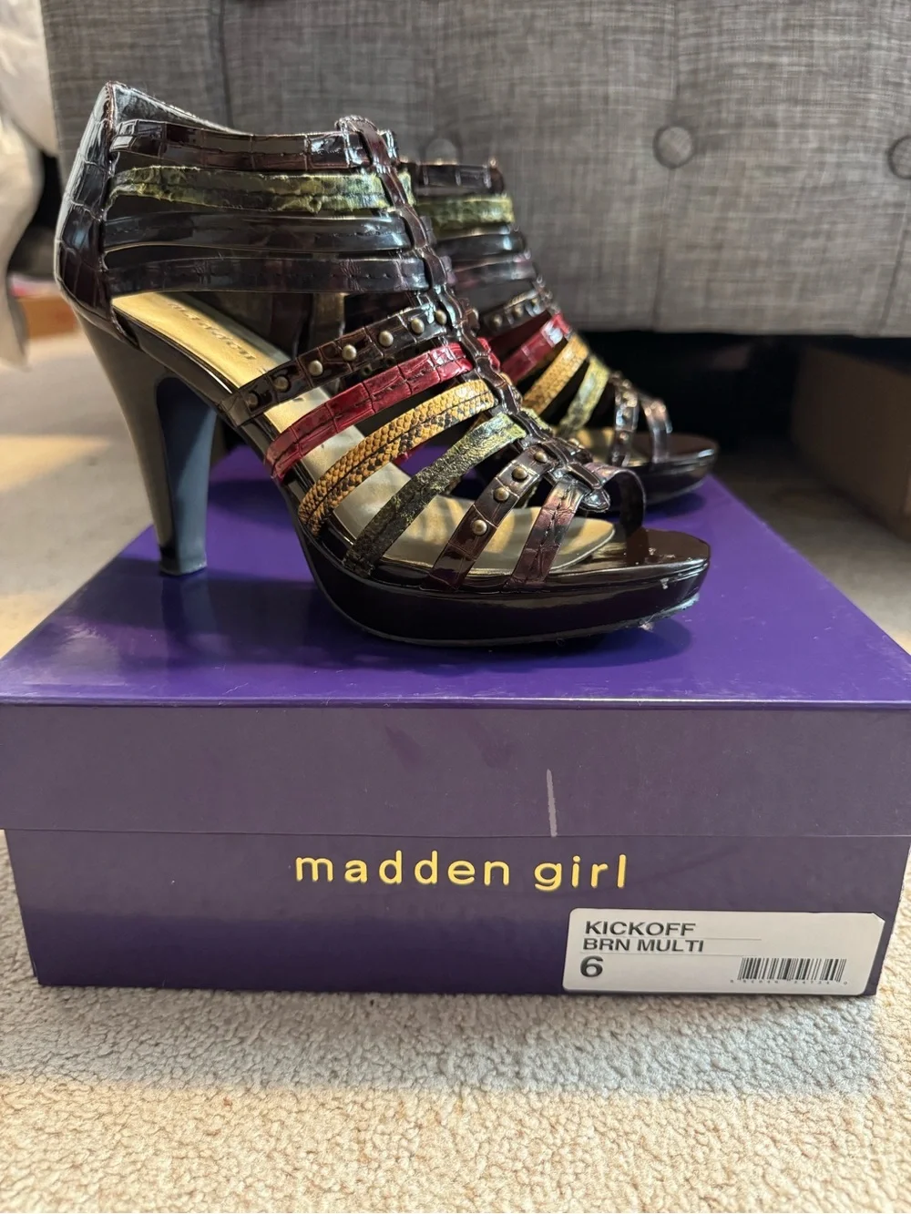 Madden Girl Kickoff Brown Multi Strappy Cage Platform Heels Women's Size 6